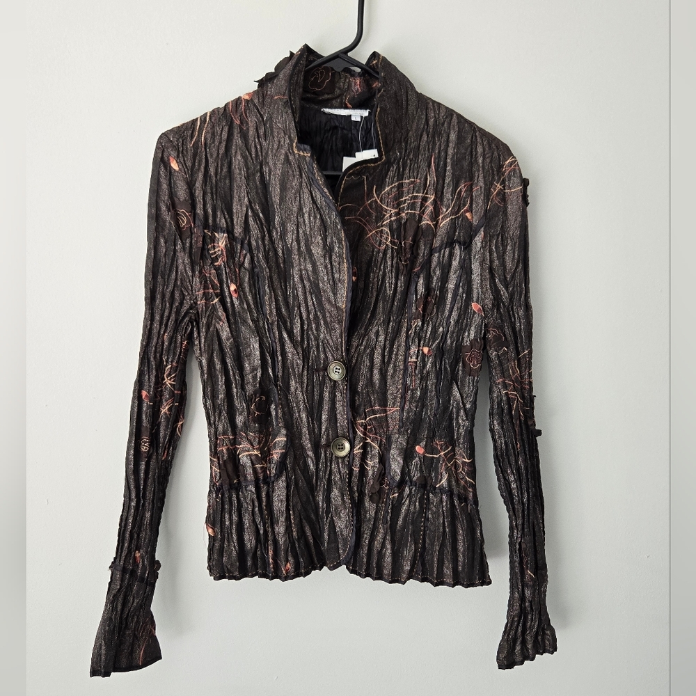 Y2K Embroidered Metallic Pleated Floral Jacket Top By Alberto Makali